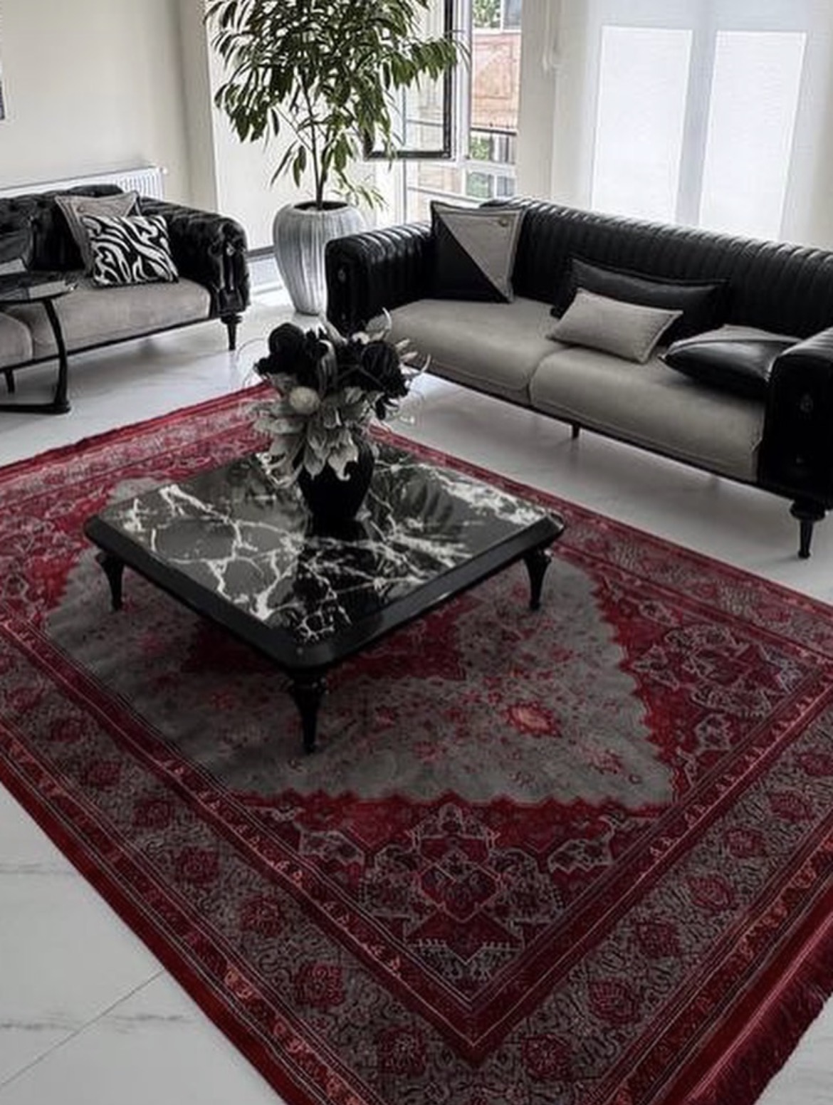 فرش آترین قرمز طوسی ۱۲۰۰ شانه تراکم ۳۶۰۰ تمام نخ اکرولیک